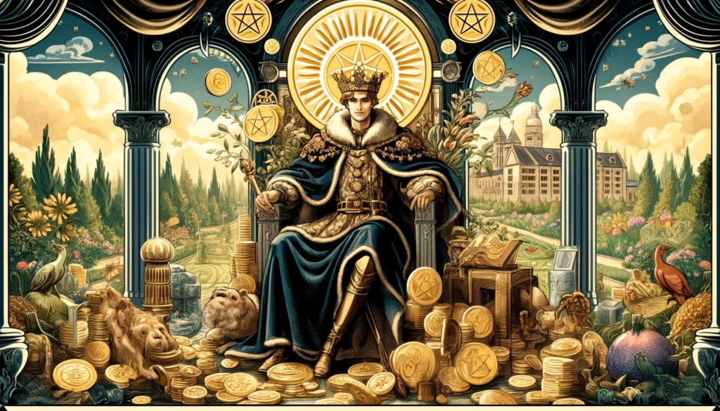 An illustration of the Upright King of Pentacles seated on a grand throne, exuding an aura of confidence and authority. He is depicted wearing lavish attire and a crown, symbolizing his status and wealth. In one hand, he holds a large pentacle, representing material abundance and success, while his other hand rests on the arm of his throne, showcasing his power and stability. Surrounding the King are symbols of prosperity, such as blooming flowers, lush greenery, and a prosperous landscape. This visual evokes a sense of wealth, reliability, and prosperity, inviting readers to explore the positive attributes of the King of Pentacles in your article.