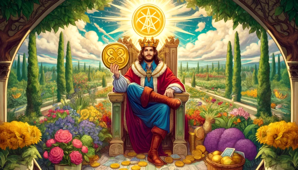 The image features the Upright King of Pentacles seated on an ornate throne placed amidst a lush garden. He exudes confidence and assurance, holding a pentacle in one hand and a scepter in the other. Surrounding him are blooming flowers and verdant foliage, symbolizing abundance, growth, and the fertile ground for love to flourish. The scene evokes feelings of stability, prosperity, and unwavering loyalty in romantic relationships.