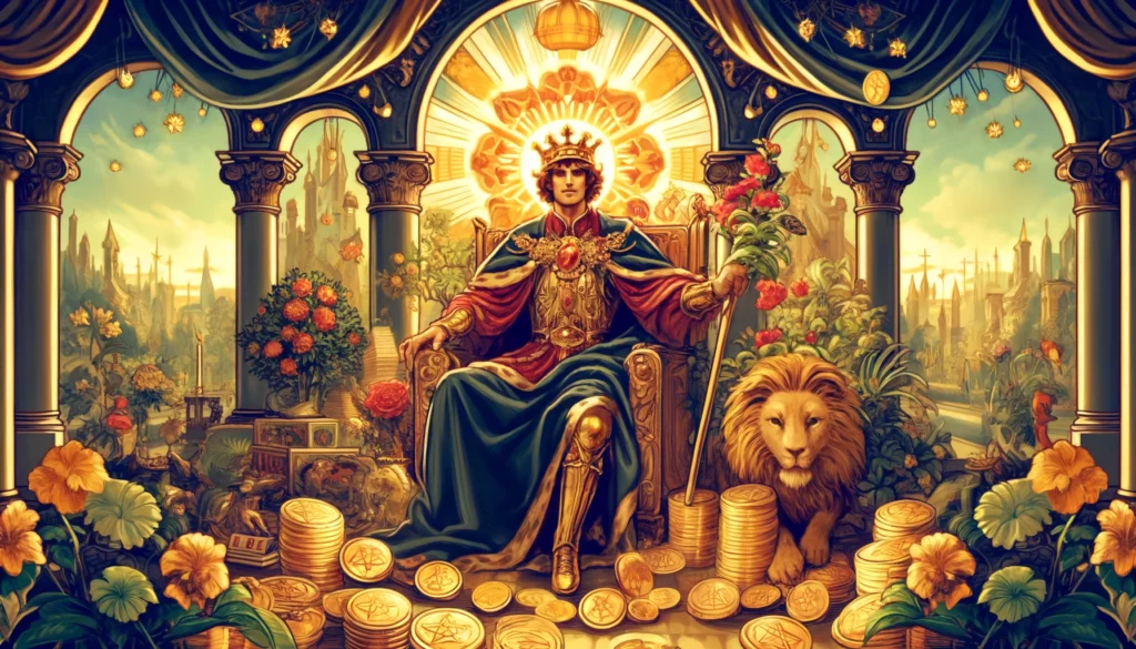 The illustration portrays the Upright King of Pentacles seated confidently on a throne adorned with symbols of wealth and prosperity. He exudes an aura of material success and stability, surrounded by lush greenery and blooming flowers, symbolizing abundance. This visually rich depiction serves as an inspiring header for the article, embodying the aspirations associated with the Upright King of Pentacles in tarot readings