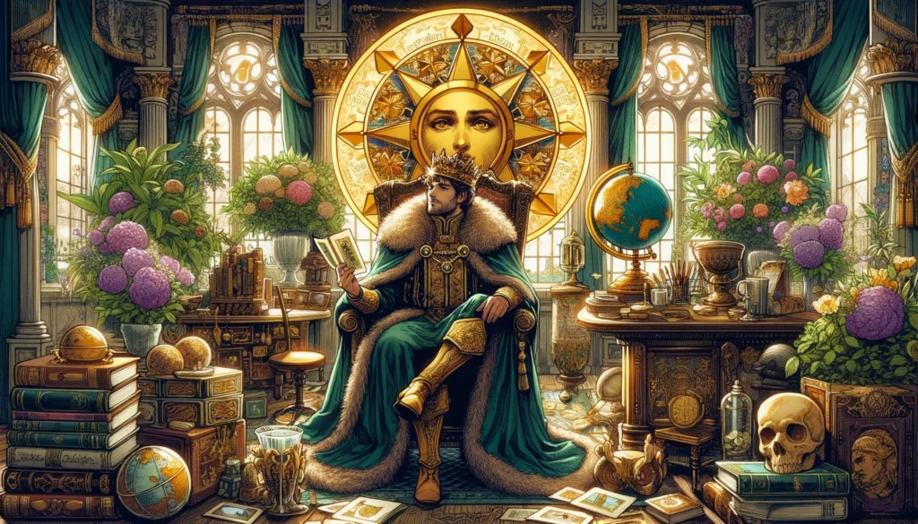 The image depicts the King of Pentacles seated on a grand throne adorned with intricate designs and symbols of abundance. He is depicted as a mature, distinguished figure, exuding an aura of authority and benevolence. In one hand, he holds a golden pentacle, symbolizing his mastery over material wealth and prosperity. Around him, there are signs of opulence, such as overflowing treasure chests, lush vegetation, and luxurious fabrics, underscoring his association with wealth and generosity. This scene captures the essence of the King of Pentacles as a symbol of affluence, stability, and benevolent leadership.