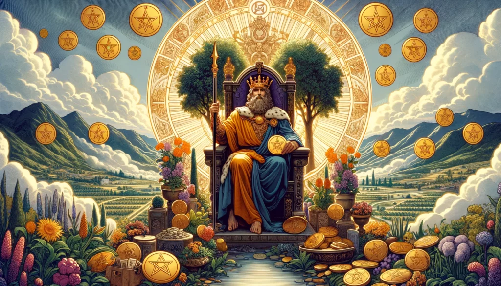 The image depicts the King of Pentacles seated on a lavish throne in a serene and opulent environment. He exudes confidence and authority, surrounded by symbols of wealth and abundance. The setting conveys a sense of tranquility and prosperity, emphasizing the positive and assured response associated with the King of Pentacles in tarot readings. This visual serves as an engaging and optimistic header, perfectly aligning with the theme of the article.