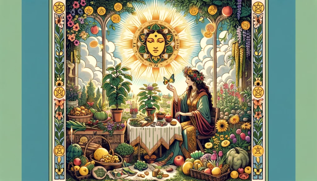 An illustration of the Upright Queen of Pentacles depicted in a serene garden setting. The Queen is seated gracefully, emanating a sense of nurturing and stability. She holds a pentacle in one hand, symbolizing her practical approach to wealth and abundance. The garden surrounding her is lush and vibrant, filled with blooming flowers, fruitful trees, and flowing streams, symbolizing the Queen's connection to nature and her ability to foster growth and prosperity. The scene evokes feelings of tranquility, abundance, and fulfillment, inviting viewers to explore the themes of stability and well-being.