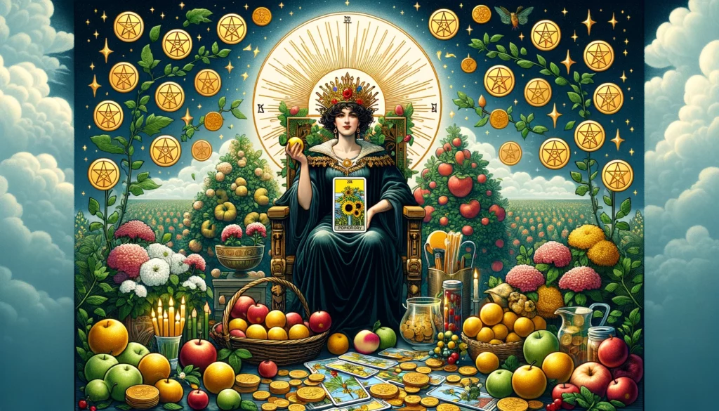 An illustration depicting the Upright Queen of Pentacles seated in a lush garden surrounded by abundant foliage, blooming flowers, and fruitful trees. The Queen exudes a sense of warmth and nurturing as she tends to the plants with care and attention. Her expression is serene and content, reflecting her satisfaction with the prosperous environment she has cultivated. The scene radiates feelings of financial stability, security, and the fulfillment of practical goals, symbolizing the positive aspects of the Queen of Pentacles card in situational readings.