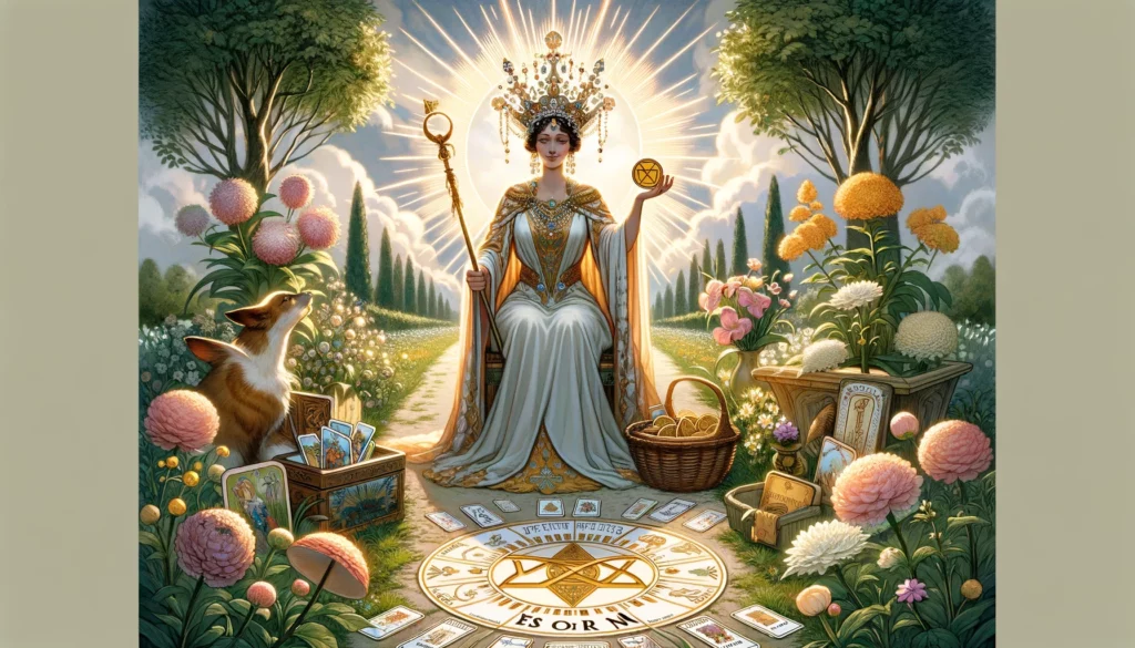 The image depicts a regal woman seated on a throne, exuding an air of confidence and wisdom. She holds a pentacle in one hand, symbolizing material abundance and prosperity, while the other hand rests gently on her lap. Surrounding her are lush greenery and blooming flowers, signifying her nurturing and caring nature. This visualization represents the positive affirmation and guidance of the Upright Queen of Pentacles in decision-making, emphasizing success, stability, and nurturing outcomes.