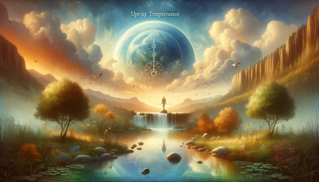 The image portrays a serene and balanced scene, characterized by elements that seamlessly blend together to create a harmonious whole. The composition evokes a sense of tranquility and equilibrium, symbolizing the individual's aspiration for balance in various aspects of life. It emphasizes themes of peace, stability, and the integration of diverse elements into a cohesive unity. This visualization highlights the importance of emotional well-being, patience, and the gentle strength derived from maintaining balance and moderation. It reflects the individual's quest for inner harmony and a measured, thoughtful approach to navigating life's challenges.
